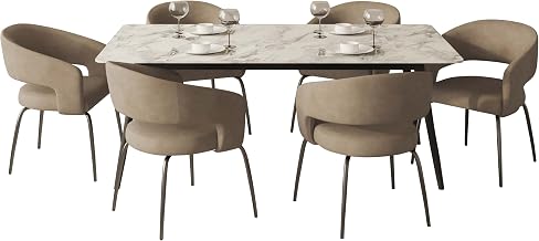 LeisureMod 7-Piece Dining Set with Rectangular Sintered Stone Dining Table and 6 Leather Dining Chairs with Iron Base