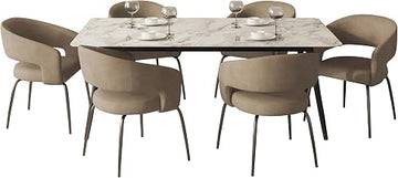 LeisureMod 7-Piece Dining Set with Rectangular Sintered Stone Dining Table and 6 Leather Dining Chairs with Iron Base