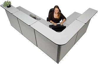 Global Industrial 116" W x 80" D x 44" H L-Shaped Reception Station, Gray Counter/Gray Panel