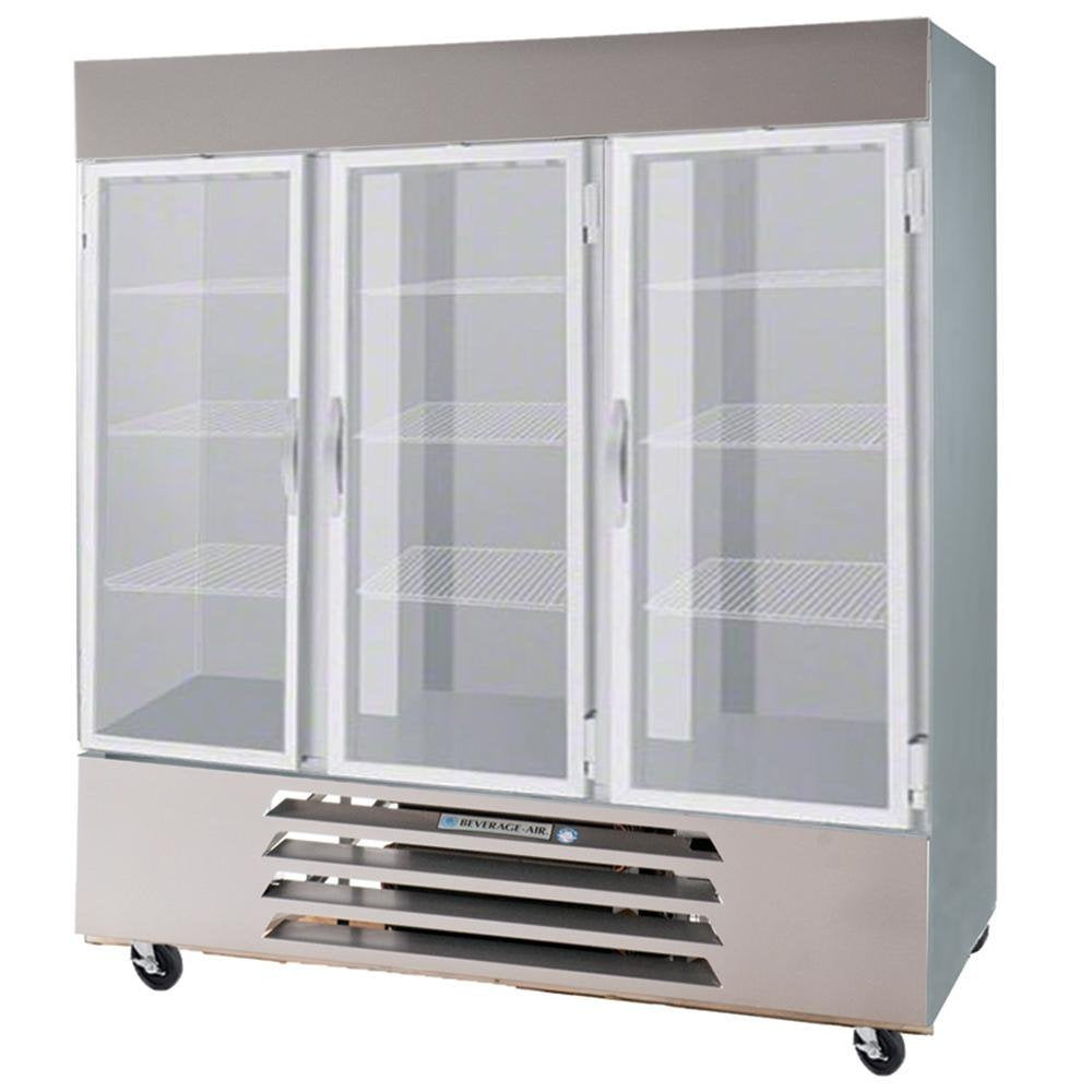 Beverage-Air HBR72-1-HG 75" Horizon Series Three Section Glass Half Door Reach-In Refrigerator 72 cu.ft. Capacity Stainless Steel Exterior and Interior with Bottom Mounted by