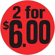 Price Tag Labels 2 for $6.00 Red Black Imprint - 1 1/2 Dia 1000 Per Roll