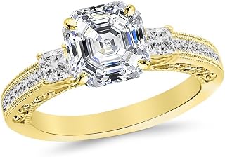 3.02 Ctw 14K White Gold Three 3 Stone Princess Cut Channel Set Asscher Cut GIA Certified Diamond Engagement Ring (2.52 Ct E Color VS2 Clarity Center Stone)