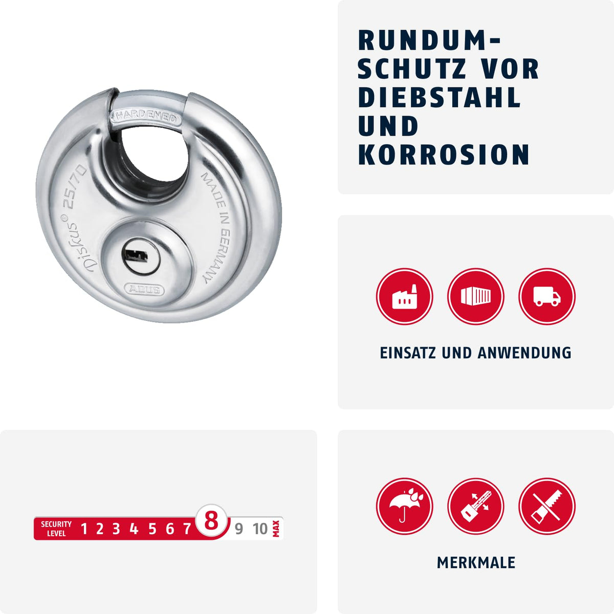 ZUB Diskus Vorhangschloss 25/ by ABUS – 90mm, Stainless Steel, Silver, Model 25/70_B
