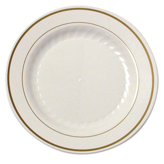 Masterpiece Plastic Plates, 7 1/2 in, Ivory w/Gold Accents, Rnd, 10/PK, 15 PK/CT