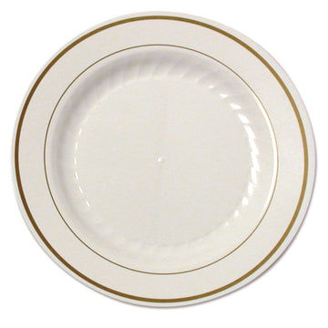 Masterpiece Plastic Plates, 7 1/2 in, Ivory w/Gold Accents, Rnd, 10/PK, 15 PK/CT