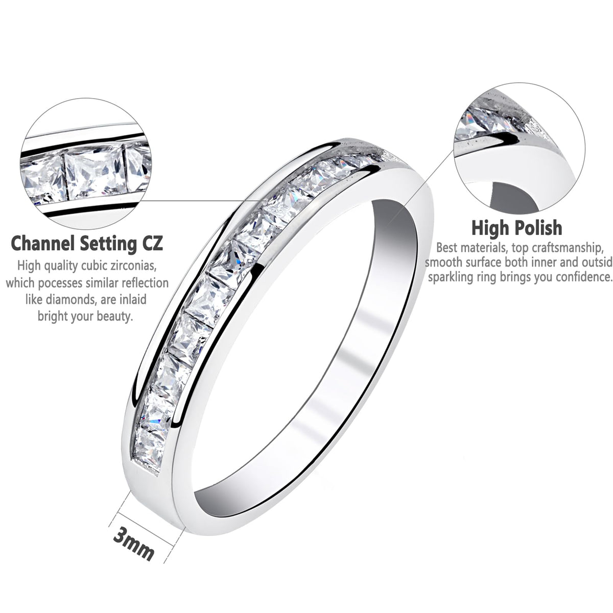 Princess Wedding Bands for Women Channel Half Eternity by Newshe Jewellery – 9, Gemstone, Princess Cut Cubic Zirconia, Model BR0757_BAND_9-JP