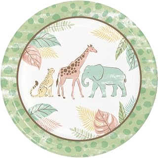 Creative Converting Safari Baby Animal Dinner Plates, 8 Count with Cheetah, Giraffe, and Elephant