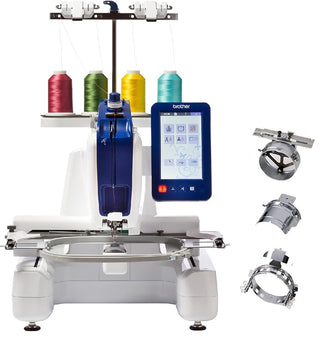 Persona Single Needle Embroidery Machine with 4-Spool Thread Stand and PRCF3 Cap Frame and Driver Set by Brother – Persona + Cap Frame, Metal, White, Model PRS100