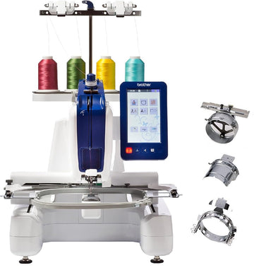 Persona Single Needle Embroidery Machine with 4-Spool Thread Stand and PRCF3 Cap Frame and Driver Set by Brother – Persona + Cap Frame, Metal, White, Model PRS100