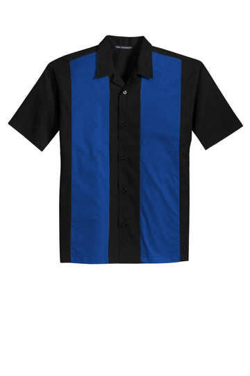 Men's Retro Short Sleeve Camp Shirt Black/Royal by Port Authority – X-Large, Polyester,Cotton, Black / Royal, Model SNM-250385