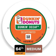 Dunkin' Donuts Medium Roast Decaf Coffee, 64 K Cups for Keurig Coffee Makers