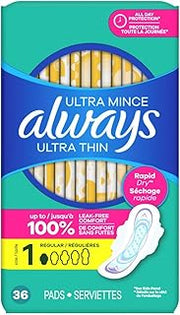 Always Pads Ultra Thin Size 1-36 Count Regular, 36 Count(Pack of 3)