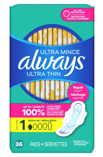 Pads Ultra Thin Size 1-36 Count Regular (6 Pack) by Always – Size 1 (216 Count), Pack of 6, Model 30656PK