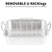 QPMR Roasting Pan with V Rack and Cooling Rack, Stainless Steel, 15 Inch, Silver