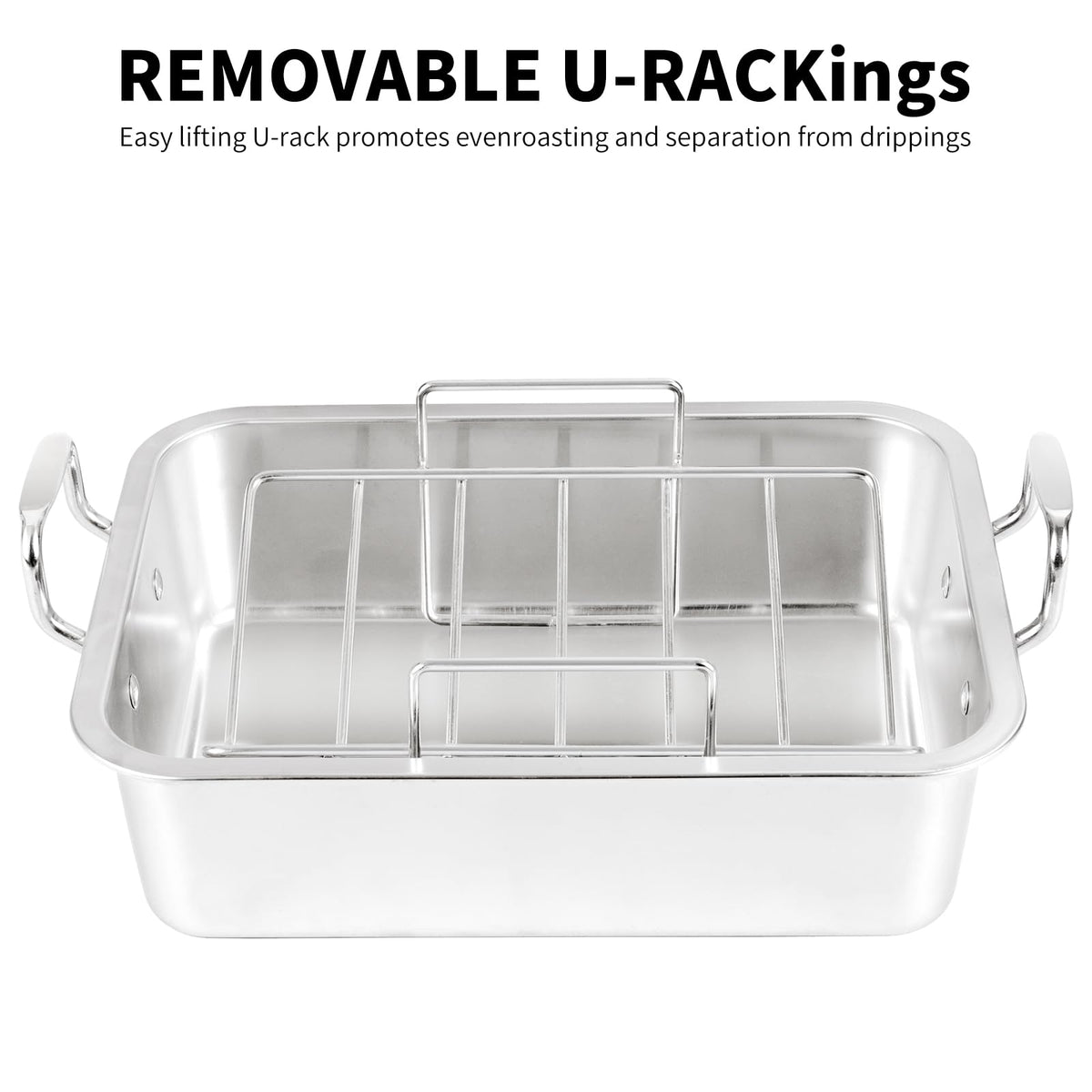 QPMR Roasting Pan with V Rack and Cooling Rack, Stainless Steel, 15 Inch, Silver
