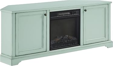 Crosley Furniture Holbrook Traditional Electric Fireplace Corner TV Stand for 65" TVs, Entertainment Center Storage, Distressed Seafoam Blue