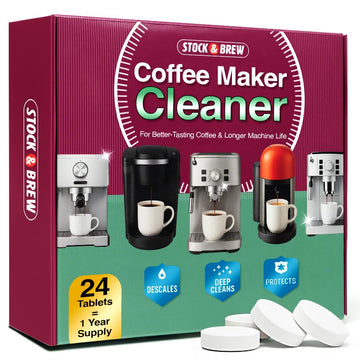 Stock & Brew Coffee Maker Cleaner Tablets 24 Count 1 Year Supply Descaler and Cleaning Tablets for Espresso Drip and Pod Machines Removes Residue and Improves Taste by Stock Your