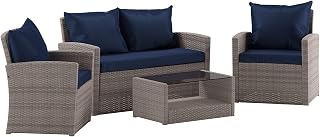 Flash Furniture Aransas Series 4 Piece Light Gray Patio Set with Navy Back Pillows and Seat Cushions