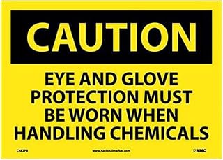 National Marker C482PB Black/Yellow Pressure Sensitive Vinyl "Caution Eye and Glove Protection Must BE Worn When HANDLING Chemicals" Sign, 10" Length x 14" Width