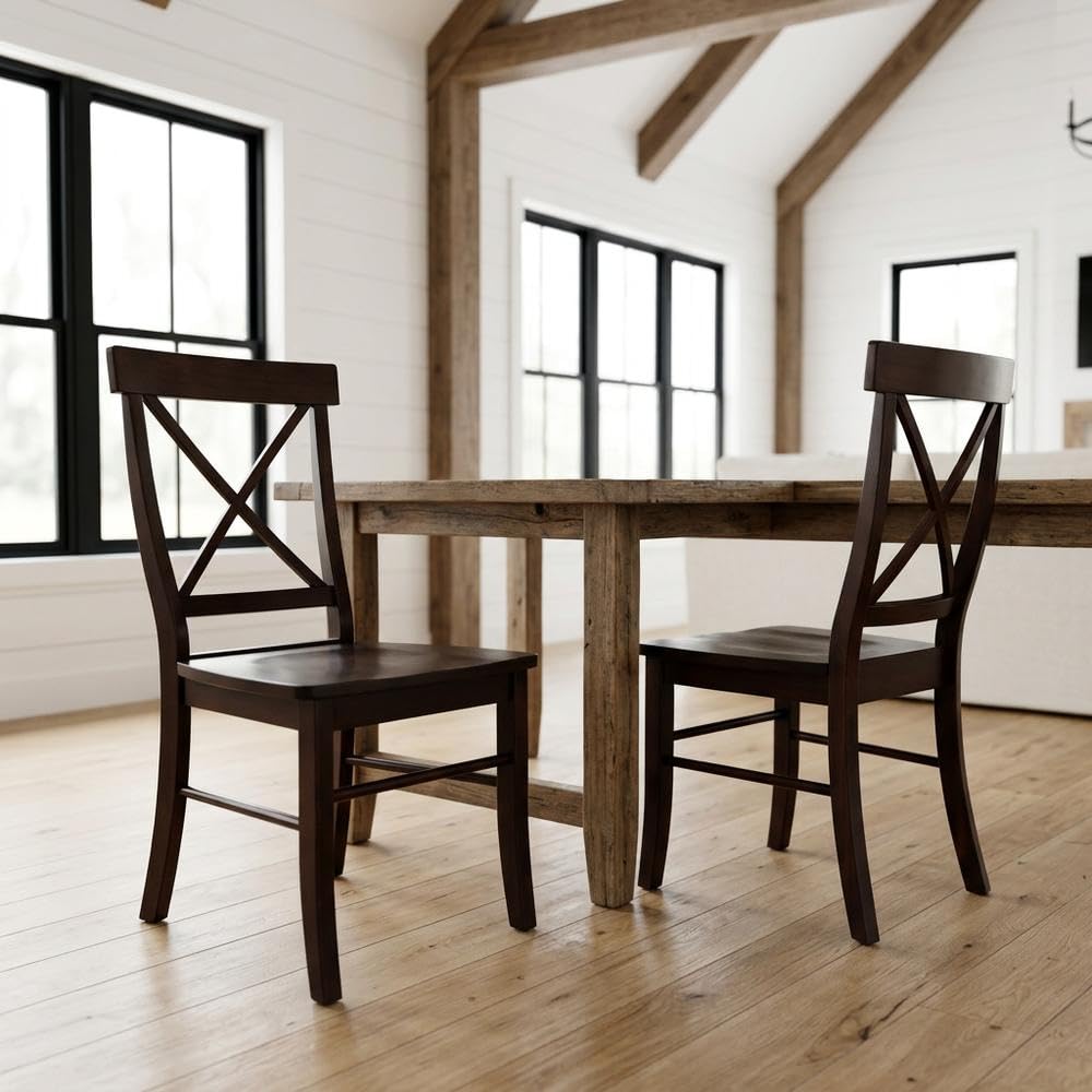 Solid Wood Dining Chair with X-Back Design by Furnifact – Wood, Rich Mocha, Pack of 2