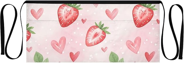 Strawberry Waist Apron with 3 Pockets Half Apron for Servers& Waiters, Adjustable Ties, Lightweight Water-Resistant Washable for Cooking Gardening
