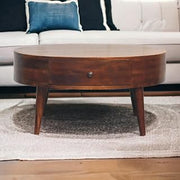 32" Nordic Styled Coffee Table, Round Coffee Table with Wooden Drawer, Mesa De Centro para Sala with Brass Accents for Home Interior Styling, Brown