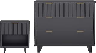 Elara 2 Piece Bedroom Set, 3 Drawer Dresser and Nightstand with Fluted Compartments, Soft Close Storage and Metal Accents, Contemporary Furniture, Charcoal Gray