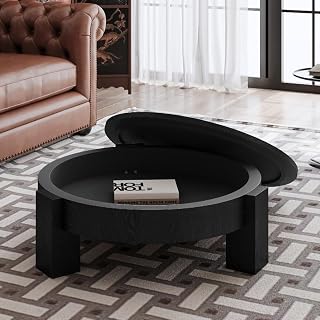 33" Sturdy Wood Parquet Coffee Table, Round Coffee Table with Hidden Storage, Mesa De Centro para Sala with Space Saving for Living Room, Black