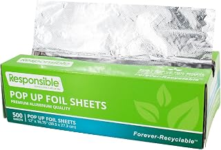 Responsible Products Pop-Up Foil Sheets, 12" x 10.75", Forever-Recyclable™ Pop-Up Aluminum Foil Dispenser, 3000 Sheets (6 Packs of 500)