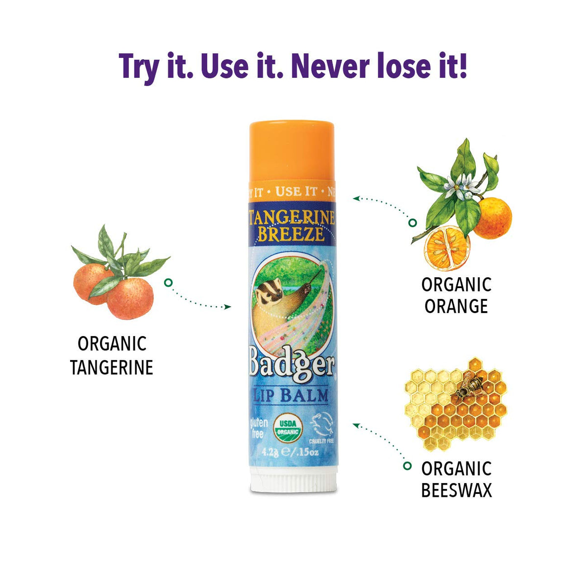 Lip Balm Stick-Tangerine Breeze by Badger – 0.15 Ounce (Pack of 1), Orange,Pink,Rose, Model 720103