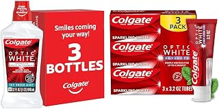 Colgate Optic White Whitening Mouthwash, 2% Hydrogen Peroxide & Optic White Advanced Teeth Whitening Toothpaste, 2% Hydrogen Peroxide Toothpaste, Sparkling White, 3.2 Oz, 3 Pack