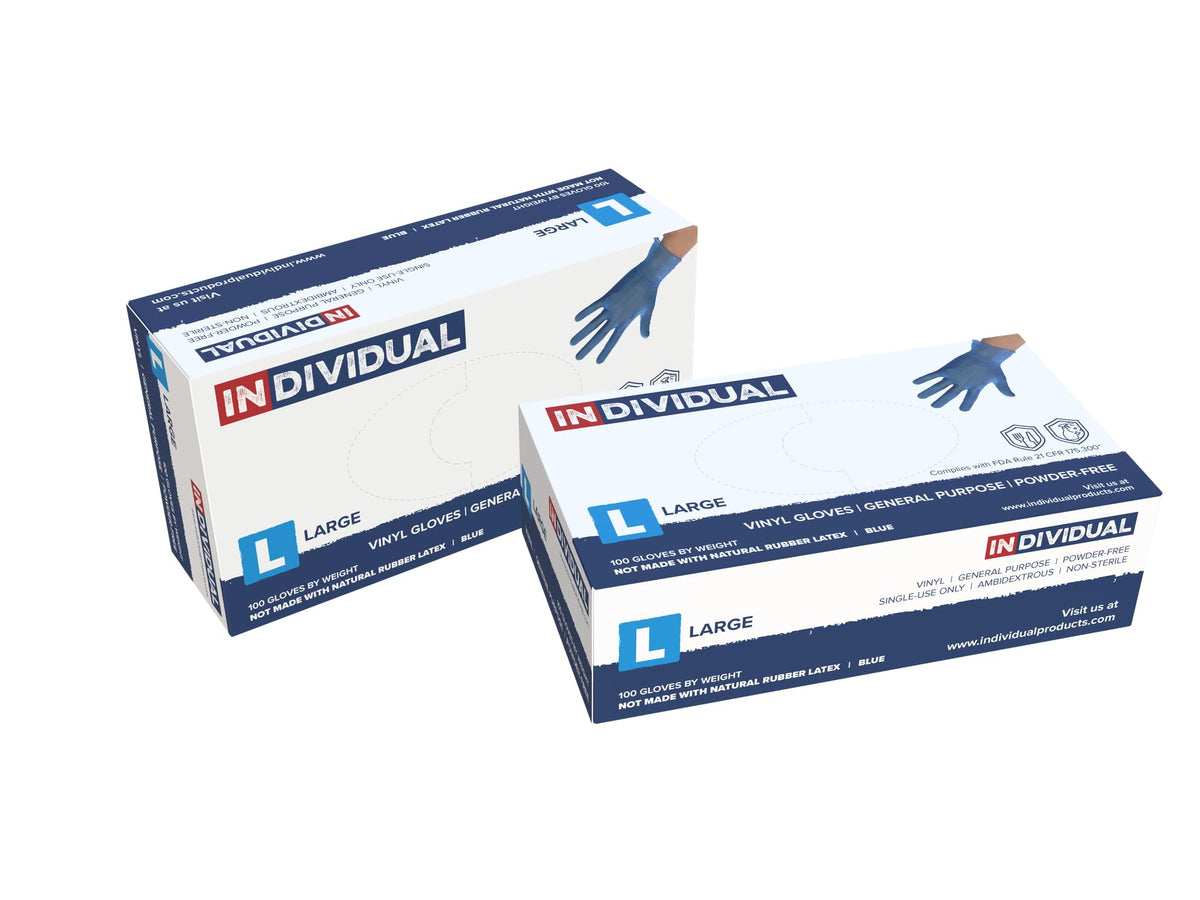 INDIVIDUAL Blue Vinyl Gloves – Large, 3 Mil, Powder Free and Latex Free | 1,000/Case