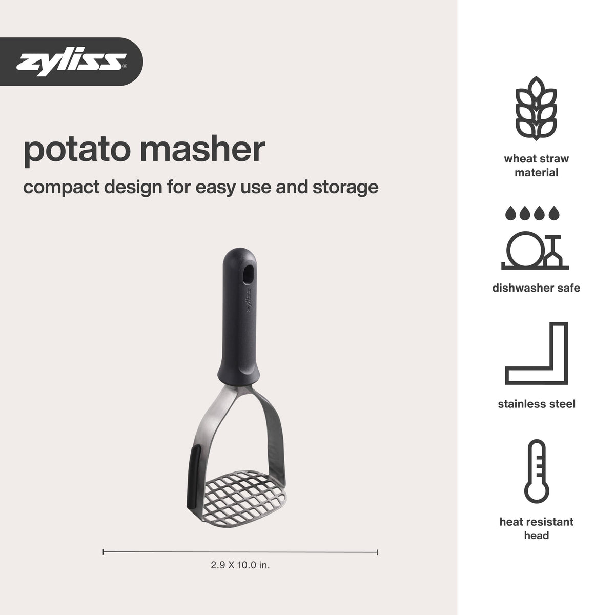 Zyliss Potato Masher, Stainless Steel Head, Gray Wheat Straw Handle