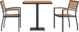 Flash Furniture 30 in Square Table with 2 Chairs, Faux Teak, 3-Piece Set | Indoor/Outdoor Use, Stackable, Teak Accented Arms, Faux Teak