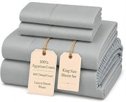 100% Cotton Sheets, 800 Thread Count 4 Piece King Size Sheets Set - Silver | King Sheet Set, Sateen Weave Luxury Hotel Sheets with 15" Deep Pocket, Breathable Extra Long Staple Egyptian Cotton Softness