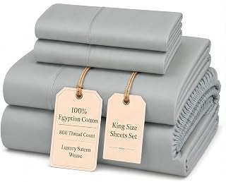 100% Cotton Sheets, 800 Thread Count 4 Piece King Size Sheets Set - Silver | King Sheet Set, Sateen Weave Luxury Hotel Sheets with 15" Deep Pocket, Breathable Extra Long Staple Egyptian Cotton Softness