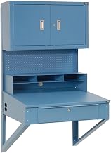 Global Industrial Shop Desk Wall Mount w/Pigeonhole Compartments and Cabinet Riser, 34-1/2"W x 30" D x 61" H, Blue