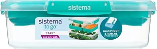 Sistema Stax To Go 2.2L Rectangular Food Storage Container, Airtight, Leakproof, Bento Box Style with Double Tray, Made with Food Grade Material, Blue or Teal