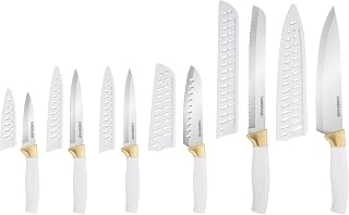 Farberware 12-Piece Knife Set with Blade Covers, White & Gold - High-Carbon Stainless Steel Kitchen Knives, Soft-Grip Handles, Includes Chef, Bread, Santoku, Utility & Paring Knives