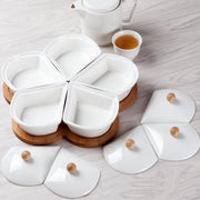 Yarlung Ceramic Divided Serving Set with Lids, 5 Removable Bowls on 10-Inch Bamboo Platter, Brown White
