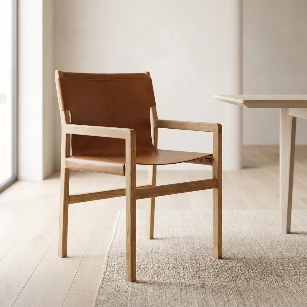 Leather-Upholstered Dining Chair with Armrests by Furnifact – Leather, Chestnut Tan