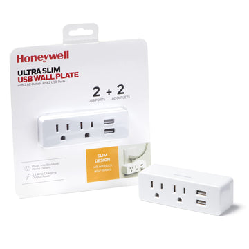 Ultra Slim USB Wall Plate with Two AC Outlets by Honeywell – White, Model HW-WC002-199