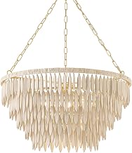 Mitzi Tiffany Chandelier | Aged Brass Finish | Whitewashed Wood Bead Tiers with Raffia-Wrapped Frame | Coastal Sculptural Statement Light | 31.5" W x 17.75" H | H805805-AGB