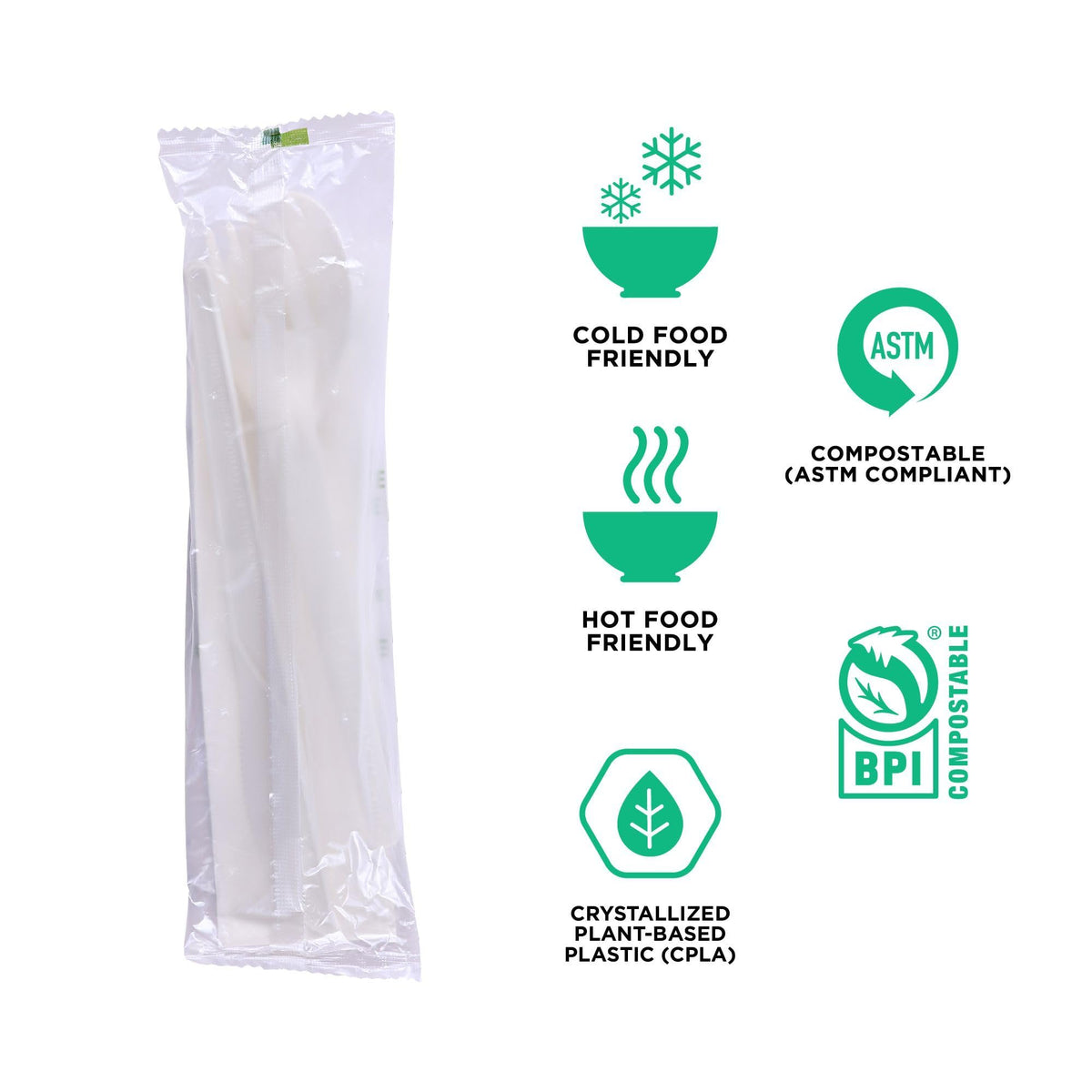 Eco-Products Compostable CPLA 6" Plastic Utensil Set – Wrapped Plantware Cutlery, Case of 250, White Disposable Knife, Fork, Spoon, and Napkin, Renewable Material Made from Plants, Sturdy and Strong