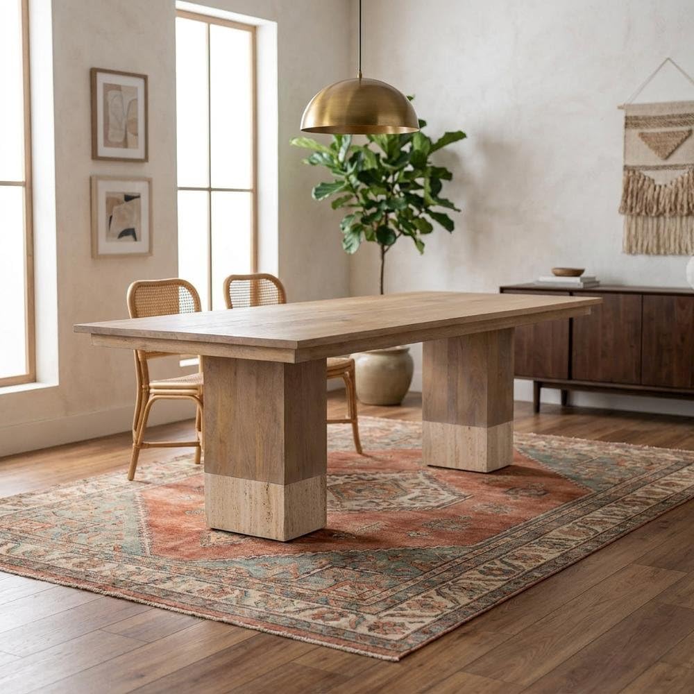 Light Brown Mango Wood Dining Table with Travertine Surface by Starlight Canyon Home – Solid Wood, Brown