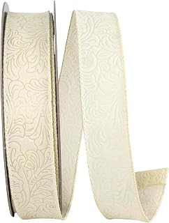 Reliant Ribbon Ribbon - Leaf Scroll Embossed Wired Edge, Ivory, 1-1/2 Inch, 30 Yards