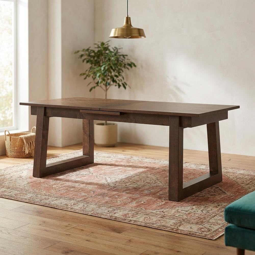 Dark Brown Rectangular Oak Wood Birch Legs Extendable Dining Table by Starlight Canyon Home – Solid Wood, Brown