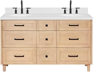 ARIEL B60DCQOVO Monroe 60" Free Standing Double Basin Vanity Set with Cabinet and Quartz Vanity Top - Oak/Carrara White Quartz Top/Matte Black Hardware