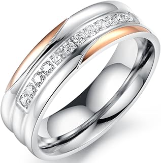 Women 6mm Stainless Steel Channel Set 12 Cubic Zirconia CZ Inlay Wedding Engagement Ring Silver Band