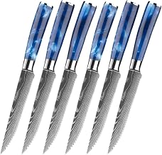 Steak Knife Set, 6PCS Blue Resin Handle Laser Damascus Pattern Ultra-Sharp Serrated Cut Meat Fruit Knife Restaurant Steak Knives